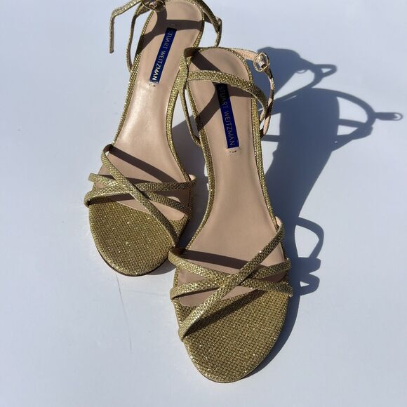 STUART WEITZMAN Starla Stiletto Heel Sandal, Gold Noir, Women 9.5 Preowned - Picture 12 of 15